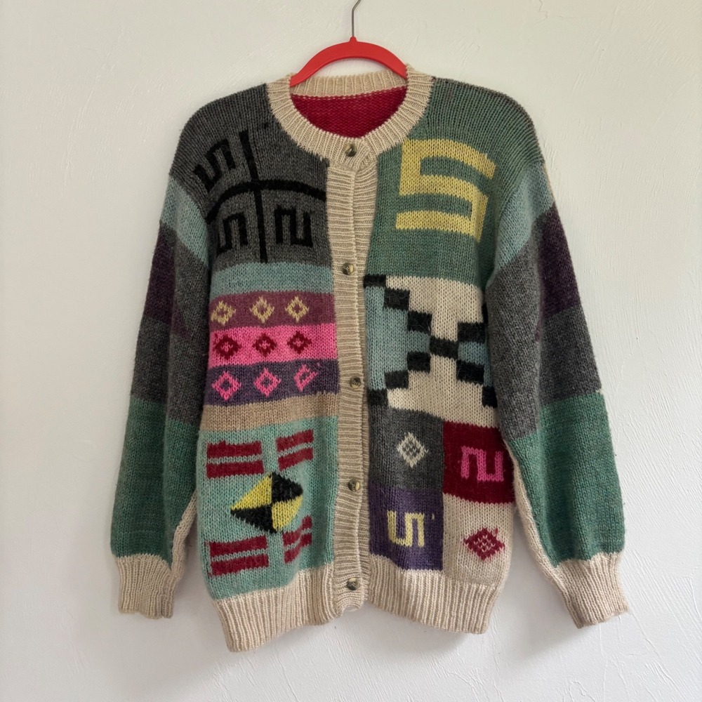 Vintage 80s 90s Geometric Block Knit Cardigan Sweater Medium Abstract Colorful